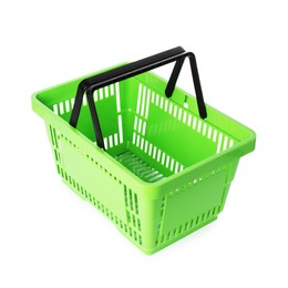 Photo of One green shopping basket isolated on white