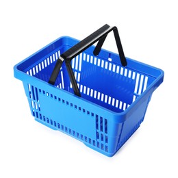 Photo of One blue shopping basket isolated on white