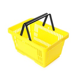 Photo of One yellow shopping basket isolated on white