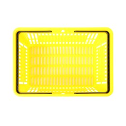 Photo of One yellow shopping basket isolated on white, top view