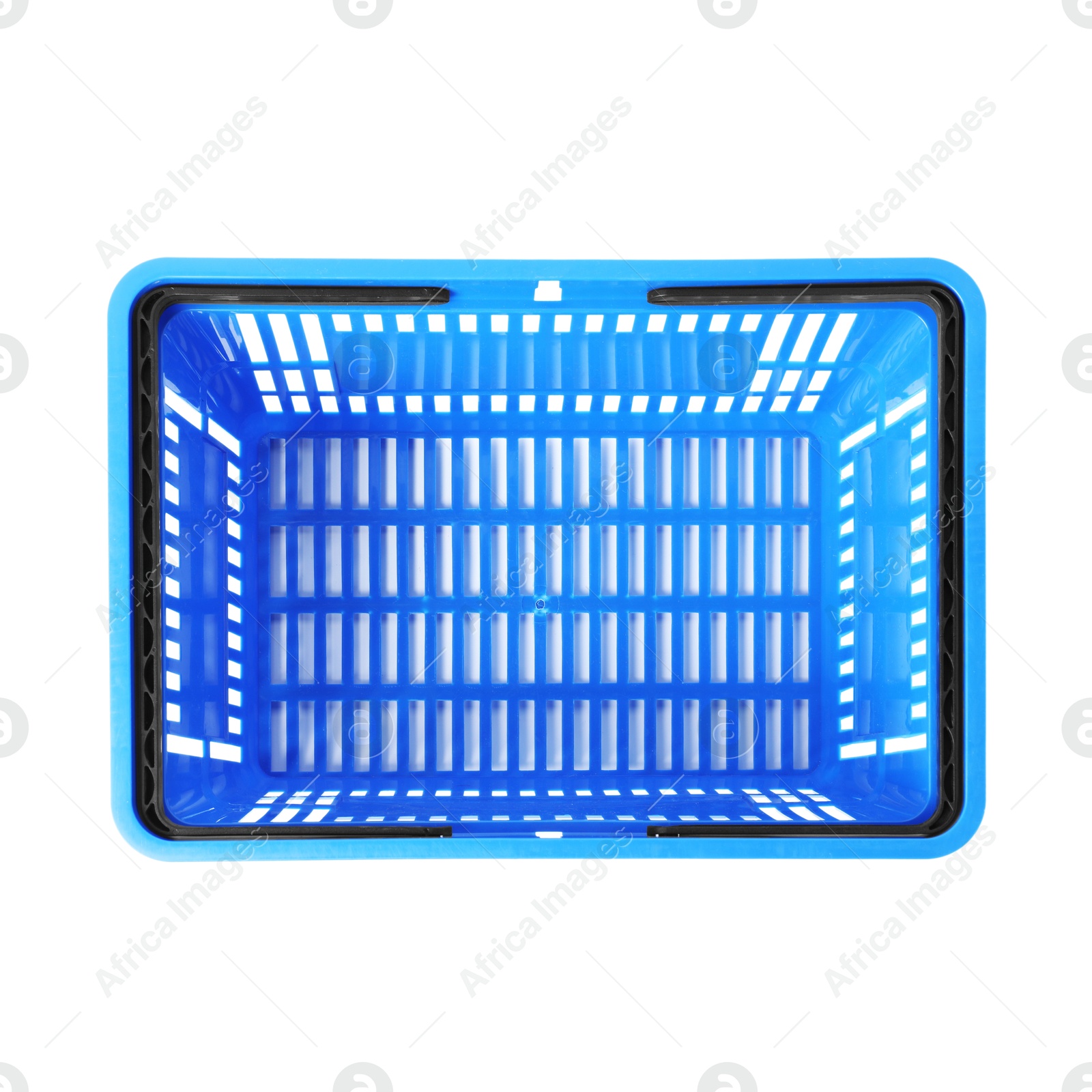 One blue shopping basket isolated on white, top view Photo of One blue shopping basket isolated on white, top view