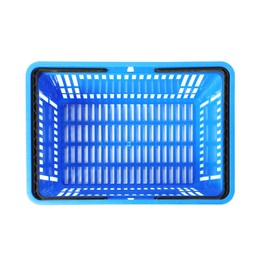 Photo of One blue shopping basket isolated on white, top view