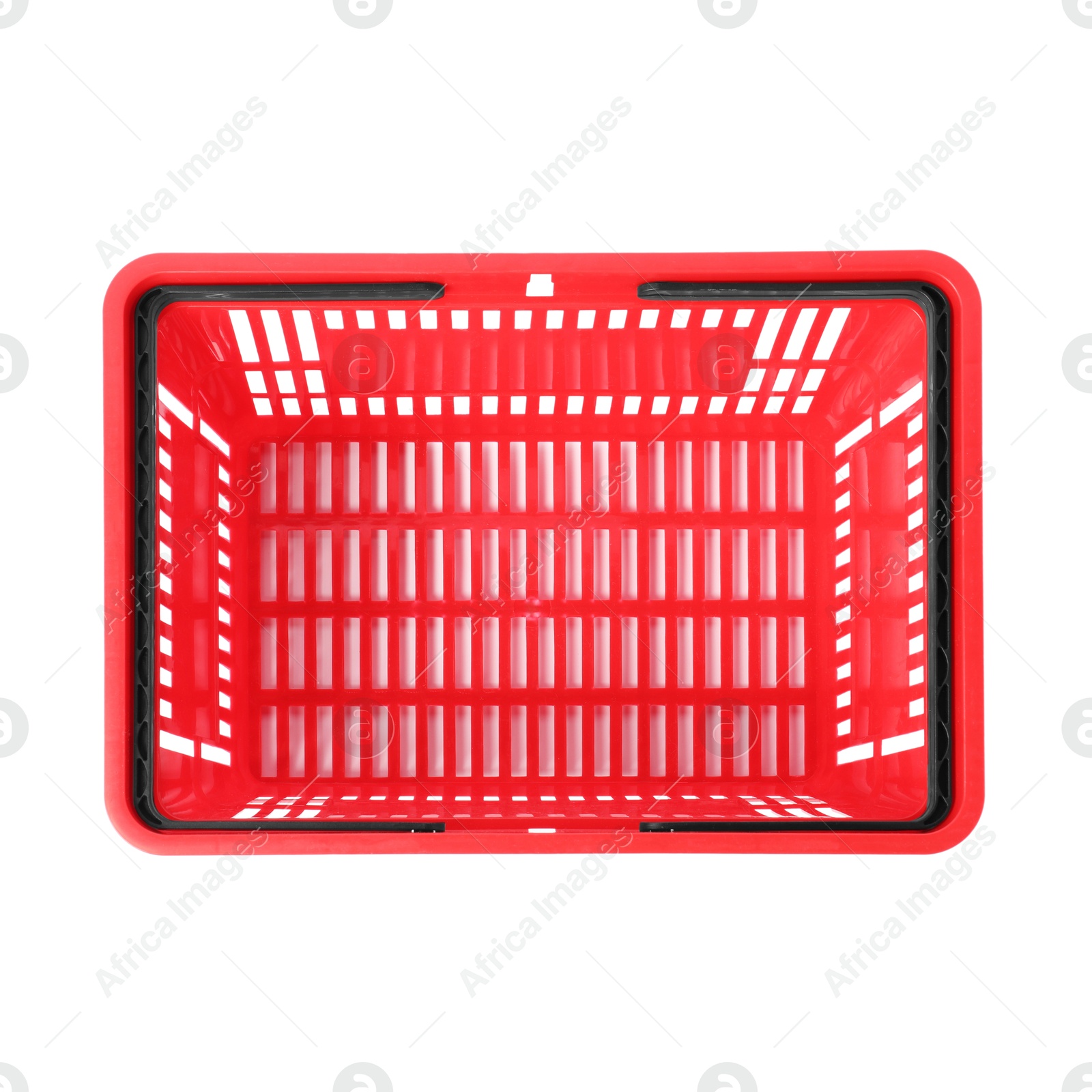 One red shopping basket isolated on white, top view Photo of One red shopping basket isolated on white, top view