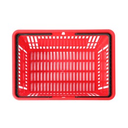 Photo of One red shopping basket isolated on white, top view
