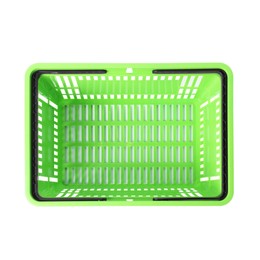 Photo of One green shopping basket isolated on white, top view