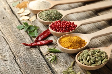Photo of Different aromatic spices in spoons on wooden table, closeup