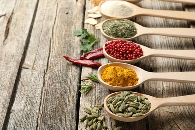 Photo of Different aromatic spices in spoons on wooden table, closeup. Space for text