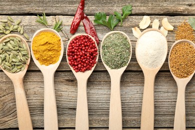 Photo of Different aromatic spices in spoons on wooden table, flat lay
