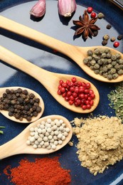 Photo of Different aromatic spices in spoons on plate, closeup