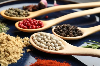 Photo of Different aromatic spices in spoons on plate, closeup