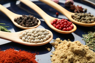 Photo of Different aromatic spices in spoons on plate, closeup