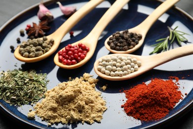 Photo of Different aromatic spices in spoons on plate, closeup