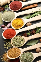 Photo of Different aromatic spices in spoons on black table, flat lay