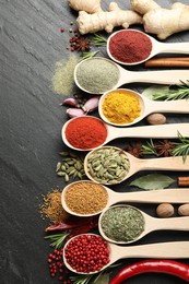 Photo of Different aromatic spices in spoons on black table, flat lay