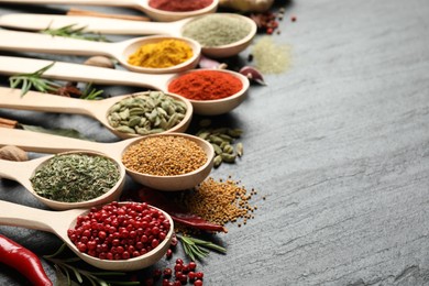 Photo of Different aromatic spices in spoons on black table, closeup. Space for text