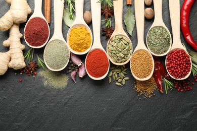 Photo of Different aromatic spices in spoons on black table, flat lay. Space for text