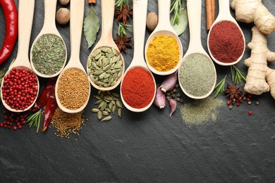 Photo of Different aromatic spices in spoons on black table, flat lay. Space for text
