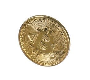 Photo of Cryptocurrency. One golden bitcoin isolated on white
