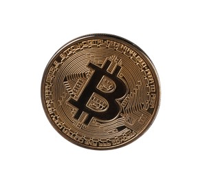 Photo of Cryptocurrency. One golden bitcoin isolated on white