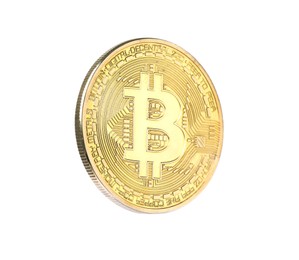 Photo of Cryptocurrency. One golden bitcoin isolated on white