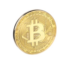 Photo of Cryptocurrency. One golden bitcoin isolated on white