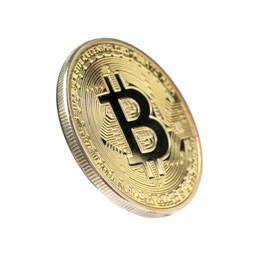 Photo of Cryptocurrency. One golden bitcoin isolated on white