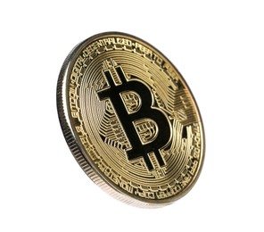 Photo of Cryptocurrency. One golden bitcoin isolated on white
