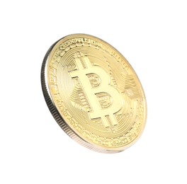 Photo of Cryptocurrency. One golden bitcoin isolated on white