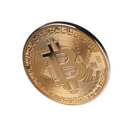 Photo of Cryptocurrency. One golden bitcoin isolated on white