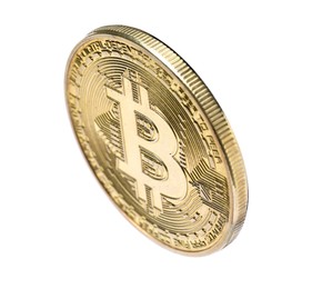 Photo of Cryptocurrency. One golden bitcoin isolated on white