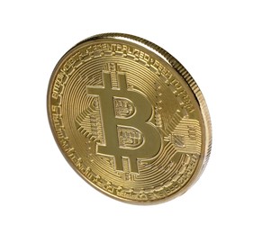 Photo of Cryptocurrency. One golden bitcoin isolated on white