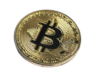 Photo of Cryptocurrency. One golden bitcoin isolated on white