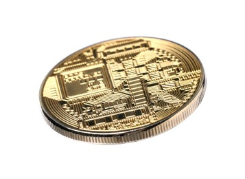 Photo of Cryptocurrency. One golden bitcoin isolated on white