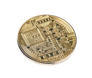 Photo of Cryptocurrency. One golden bitcoin isolated on white