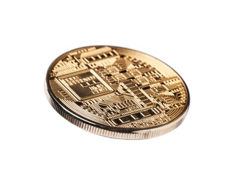 Photo of Cryptocurrency. One golden bitcoin isolated on white