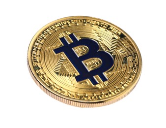 Photo of Cryptocurrency. One golden bitcoin isolated on white