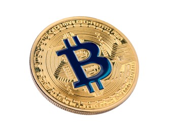 Photo of Cryptocurrency. One golden bitcoin isolated on white