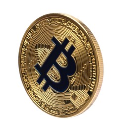 Photo of Cryptocurrency. One golden bitcoin isolated on white