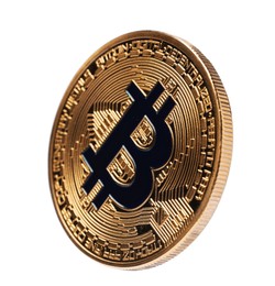 Photo of Cryptocurrency. One golden bitcoin isolated on white