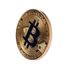 Photo of Cryptocurrency. One golden bitcoin isolated on white