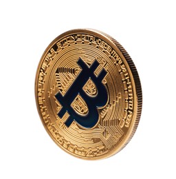 Photo of Cryptocurrency. One golden bitcoin isolated on white