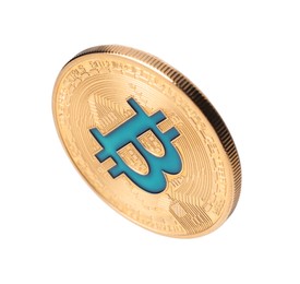 Photo of Cryptocurrency. One golden bitcoin isolated on white