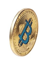 Photo of Cryptocurrency. One golden bitcoin isolated on white