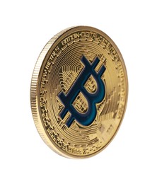 Photo of Cryptocurrency. One golden bitcoin isolated on white