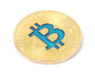 Photo of Cryptocurrency. One golden bitcoin isolated on white