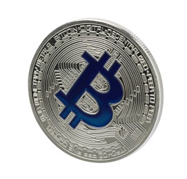 Photo of Cryptocurrency. One silver bitcoin isolated on white
