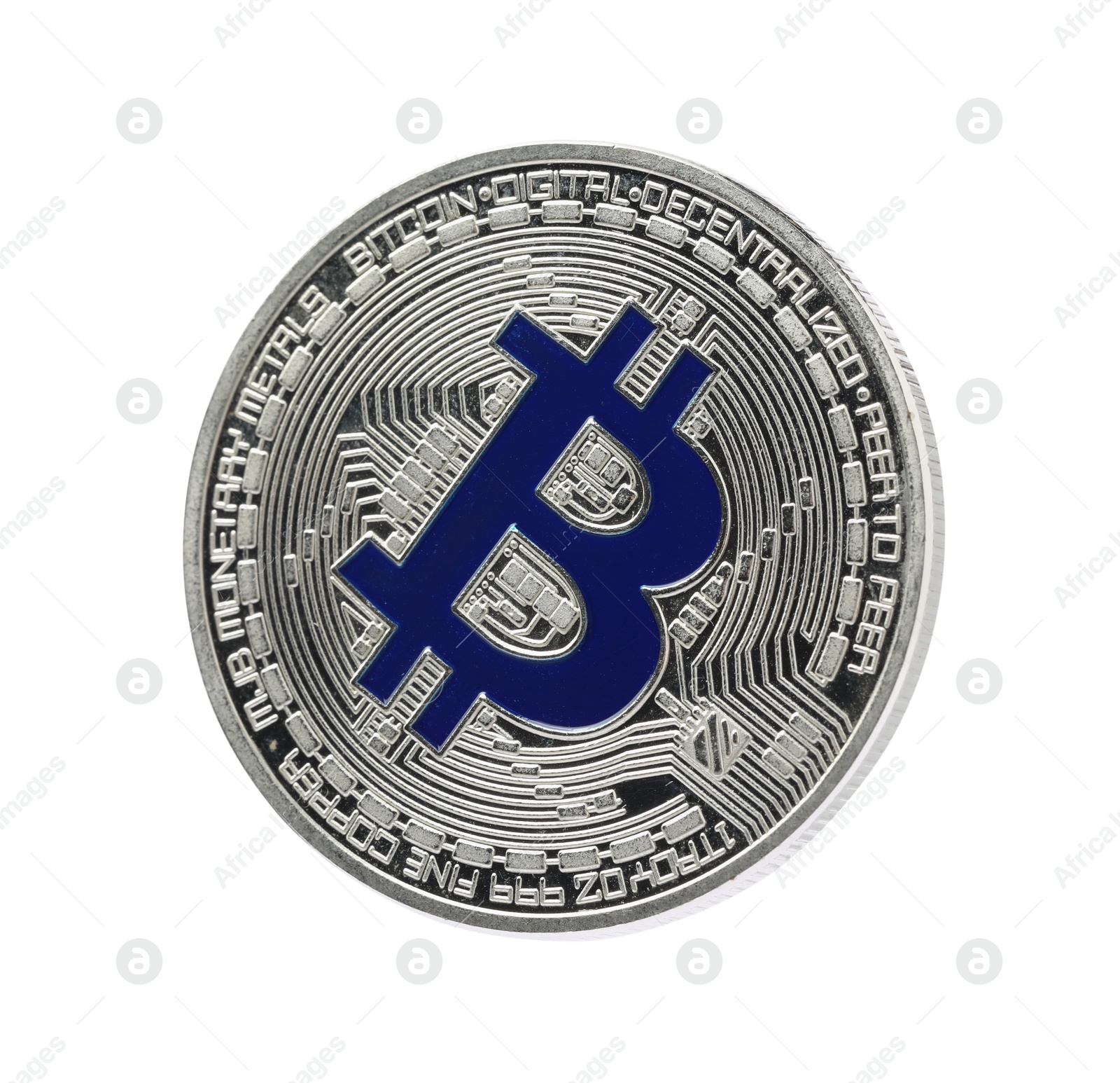 Cryptocurrency. One silver bitcoin isolated on white Photo of Cryptocurrency. One silver bitcoin isolated on white