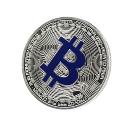 Photo of Cryptocurrency. One silver bitcoin isolated on white