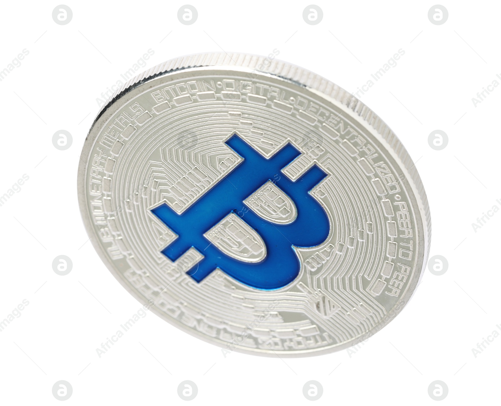 Cryptocurrency. One silver bitcoin isolated on white Photo of Cryptocurrency. One silver bitcoin isolated on white