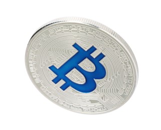 Photo of Cryptocurrency. One silver bitcoin isolated on white